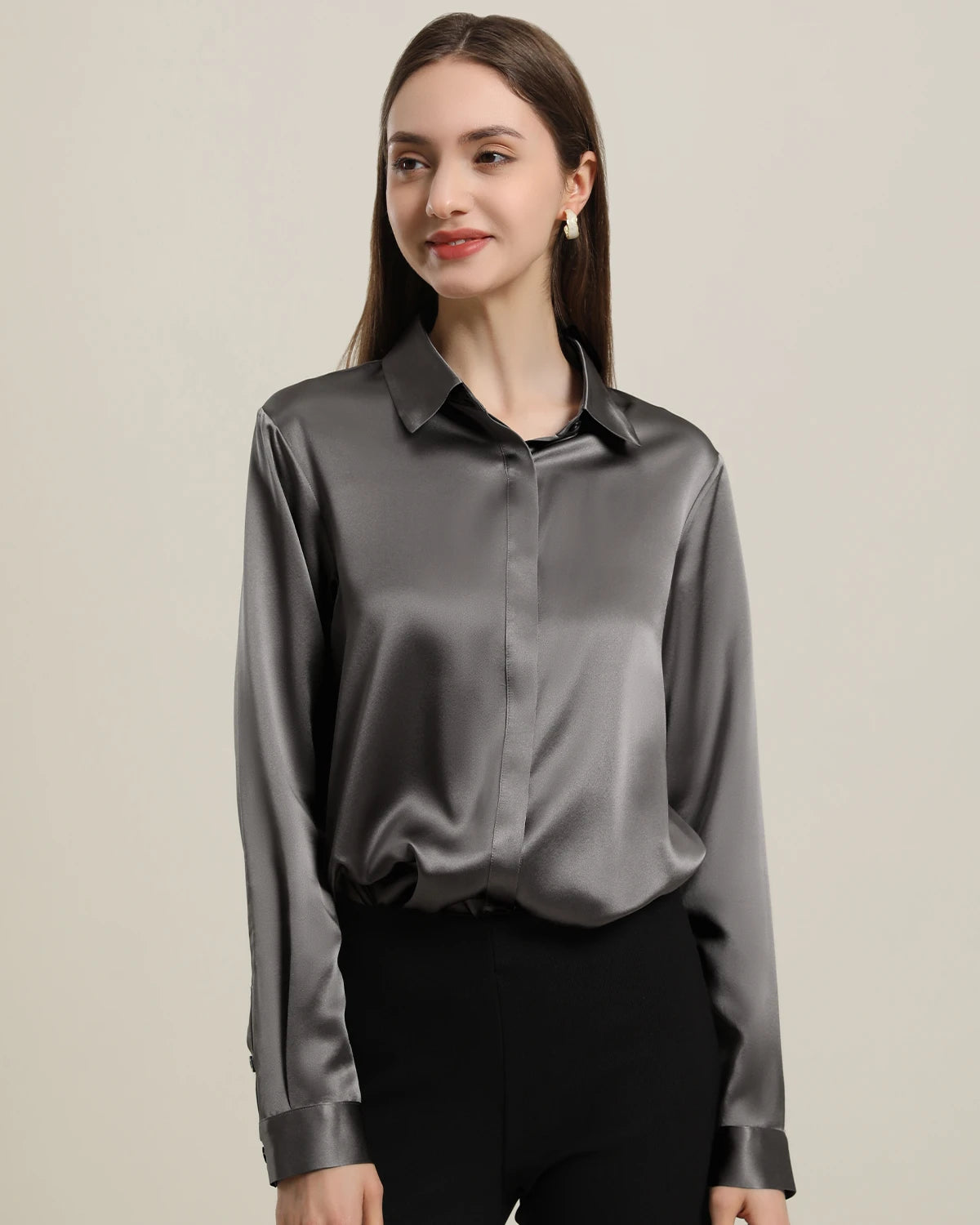 Women's Basic Concealed Silk Shirt Dark Grey