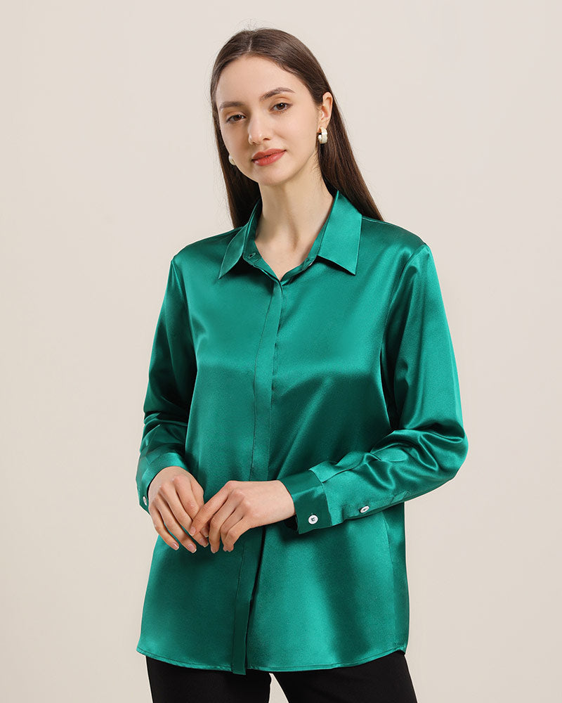 Women's Basic Concealed Silk Shirt Green