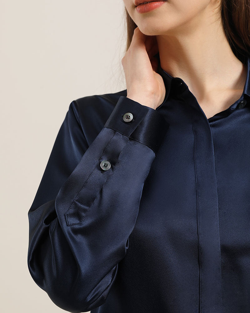 Women's Basic Concealed Silk Shirt Navy
