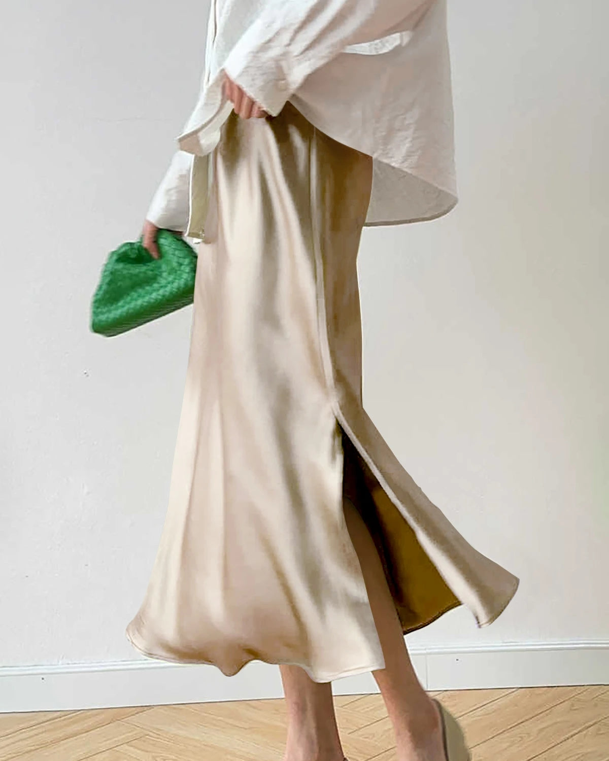 22 Momme Silk Midi Skirt, Champagne