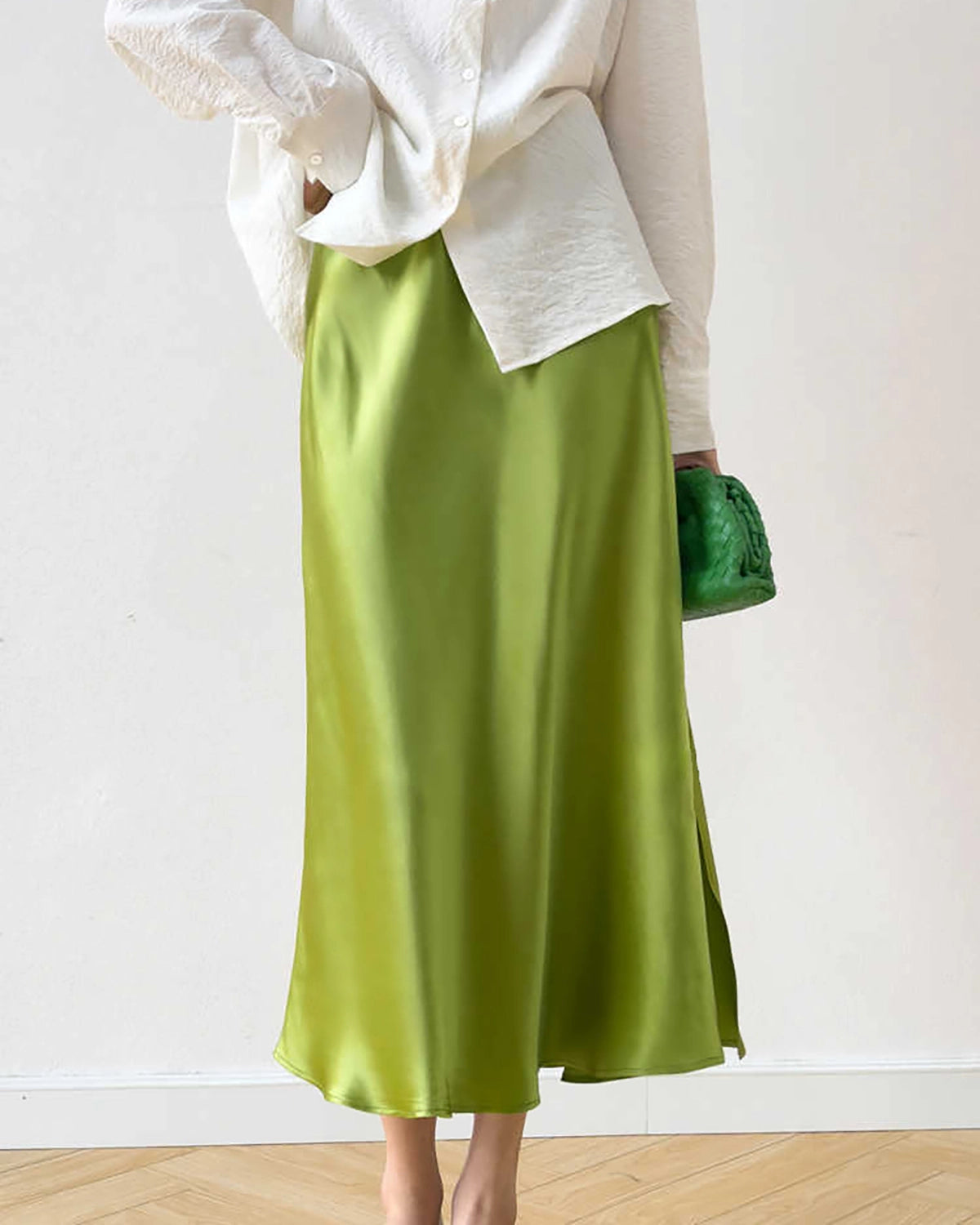 22 Momme Silk Midi Skirt, Mustard Green