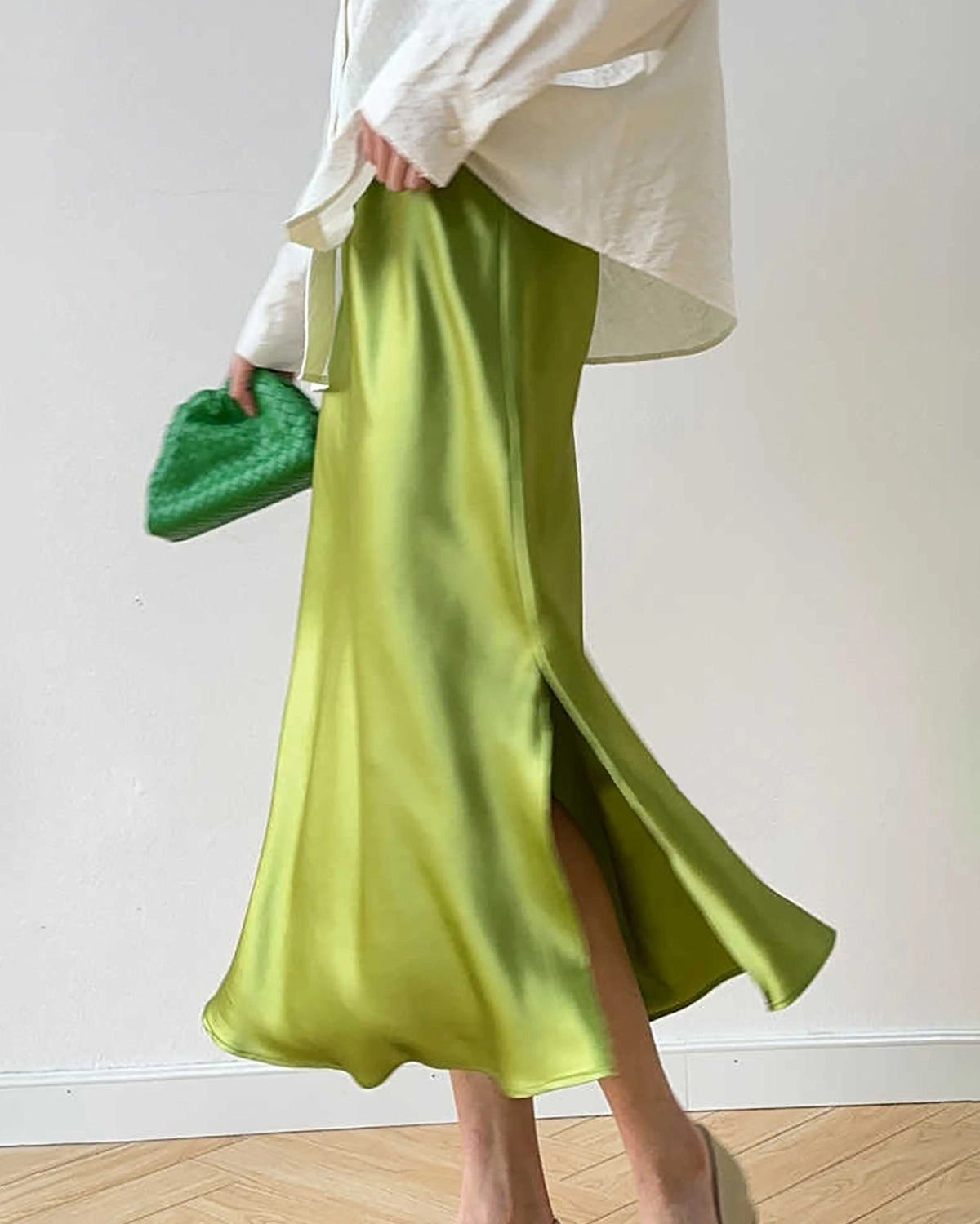 22 Momme Silk Midi Skirt, Mustard Green