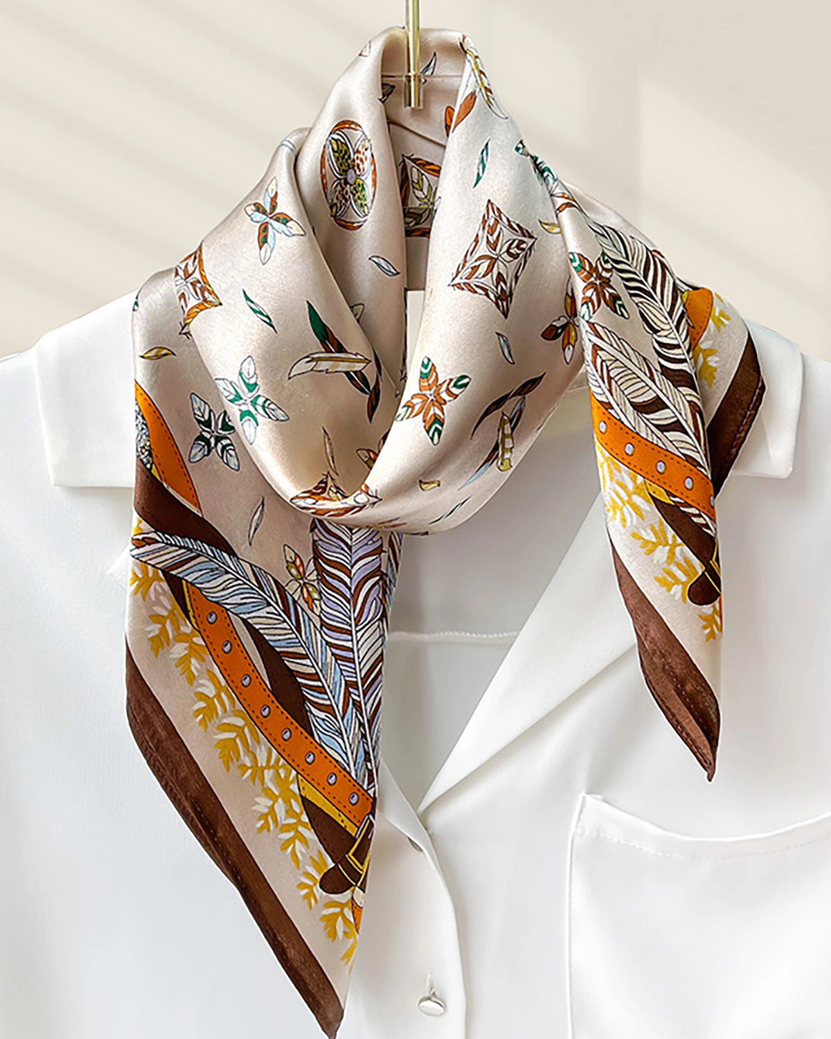 Versatile Square Silk Scarf, Cream and Chocolate Brown