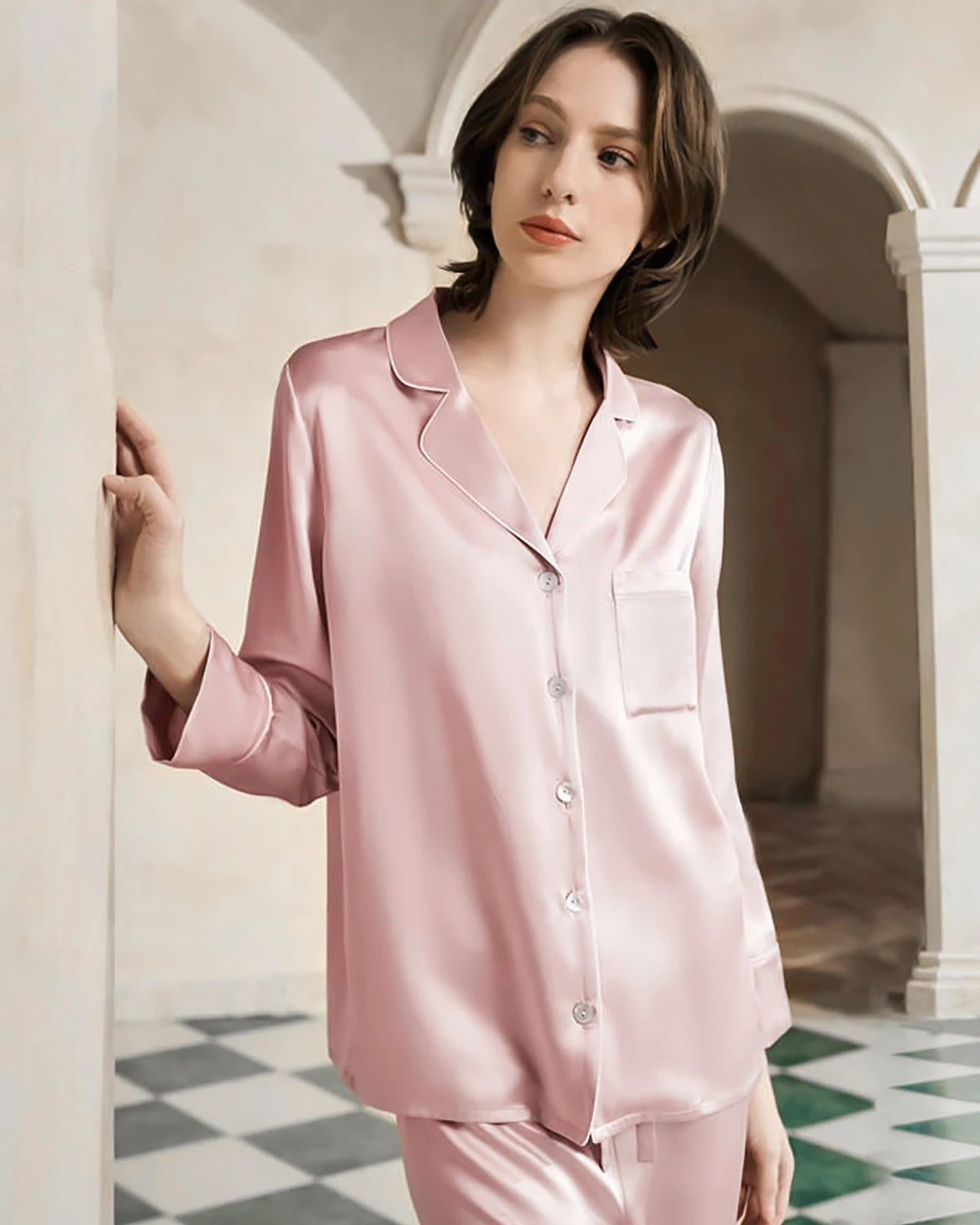 Washable Piped Silk Pajama Set, Pink
