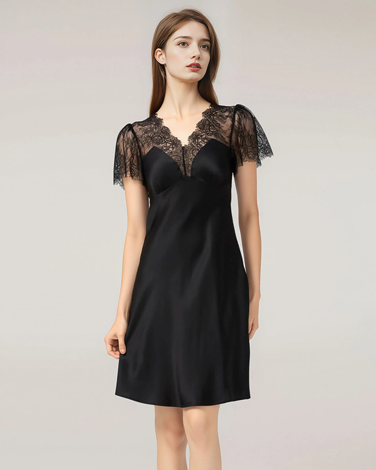 Women's Lace Silk Nightgown, Black