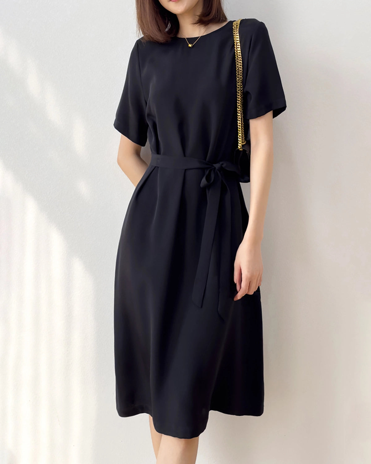 Loose Fit Belted Silk Dress 32 Momme, Black