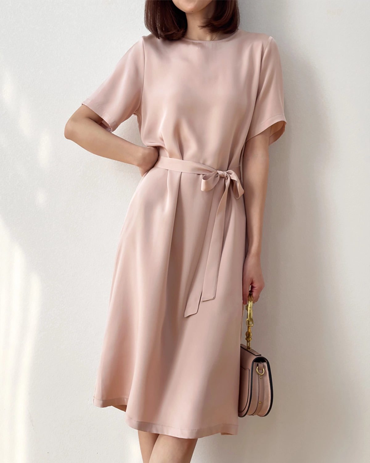 Loose Fit Belted Silk Dress 32 Momme, Pink