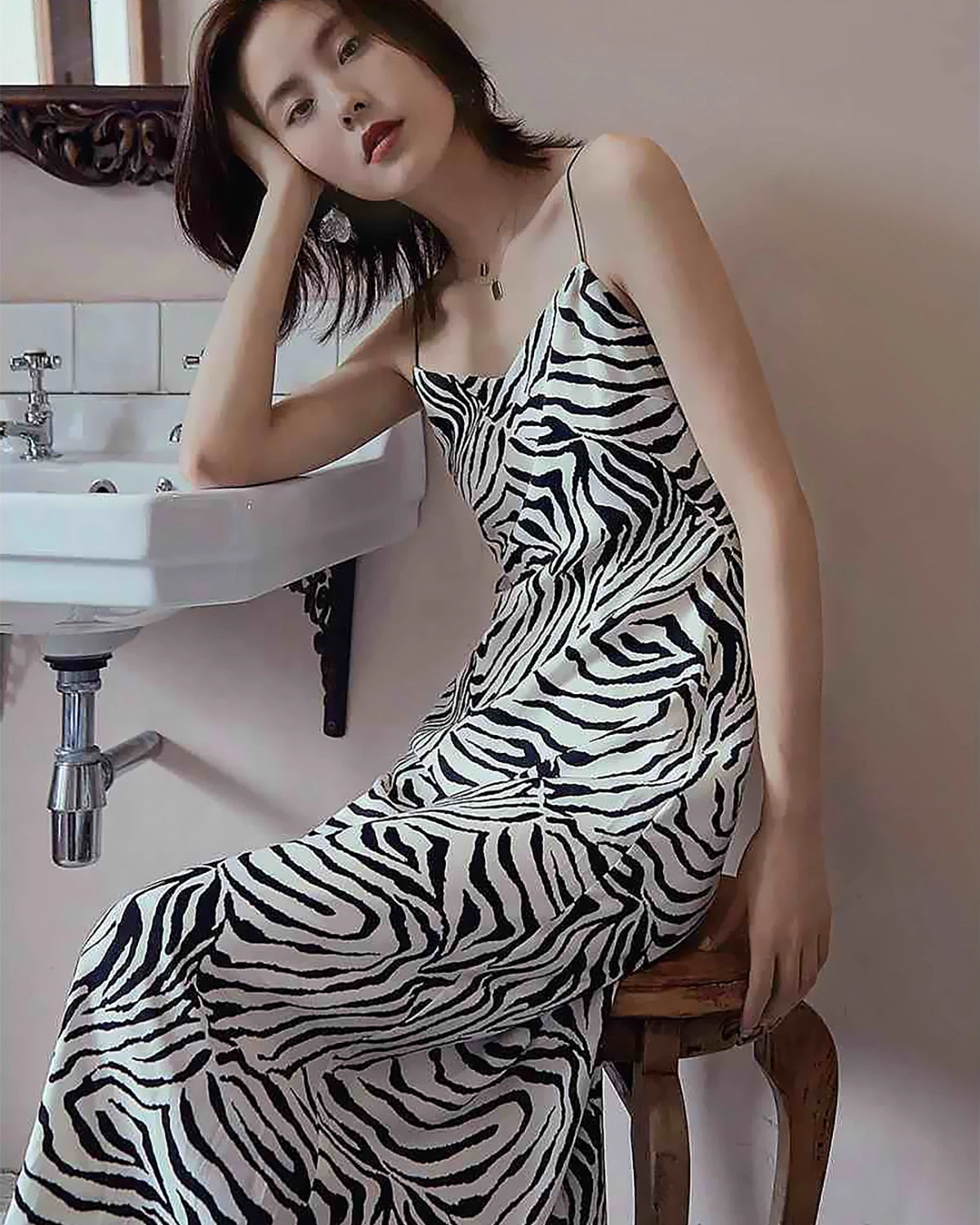 Zebra Print Spaghetti Strap Silk Dress, Black And White