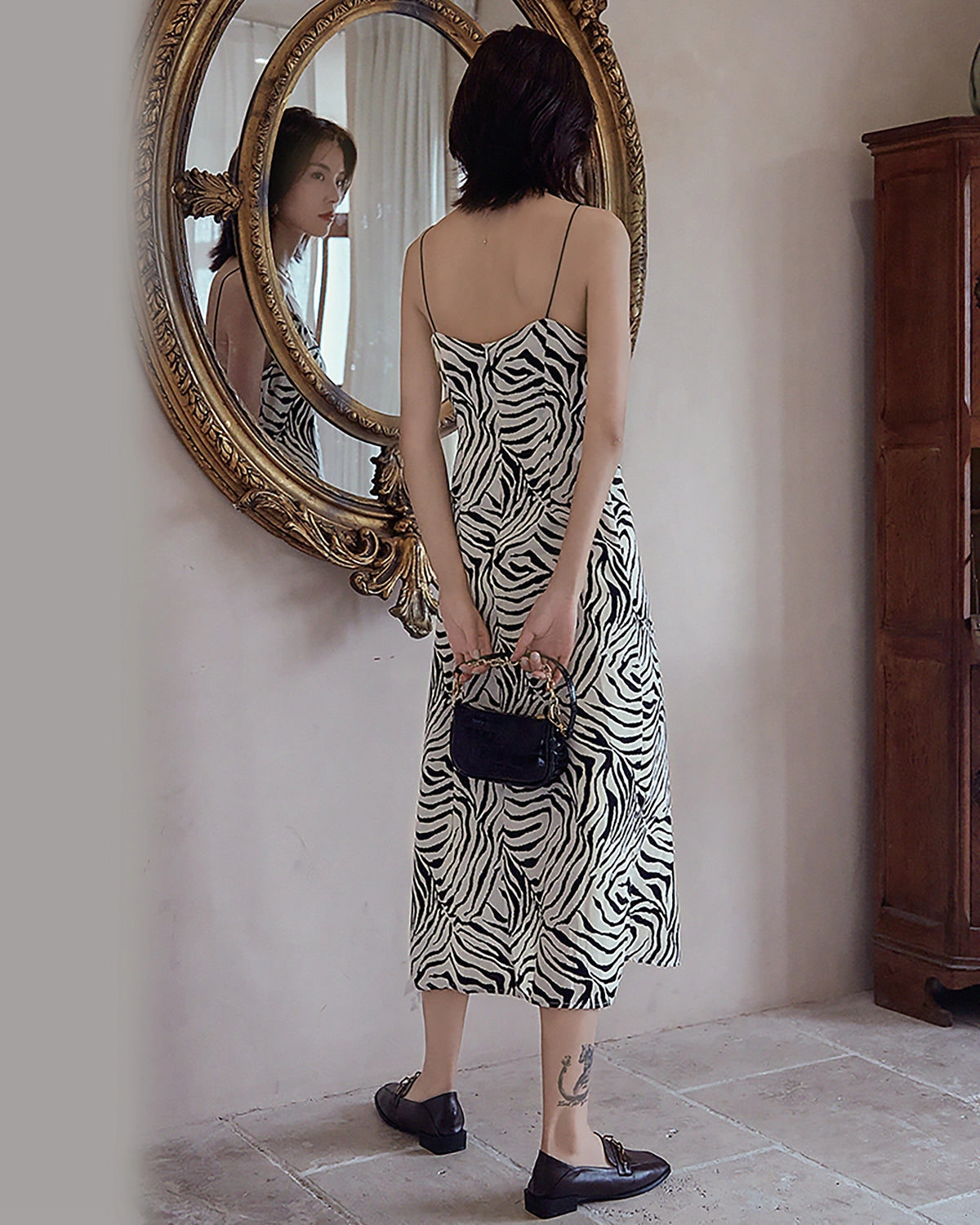 Zebra Print Spaghetti Strap Silk Dress, Black And White