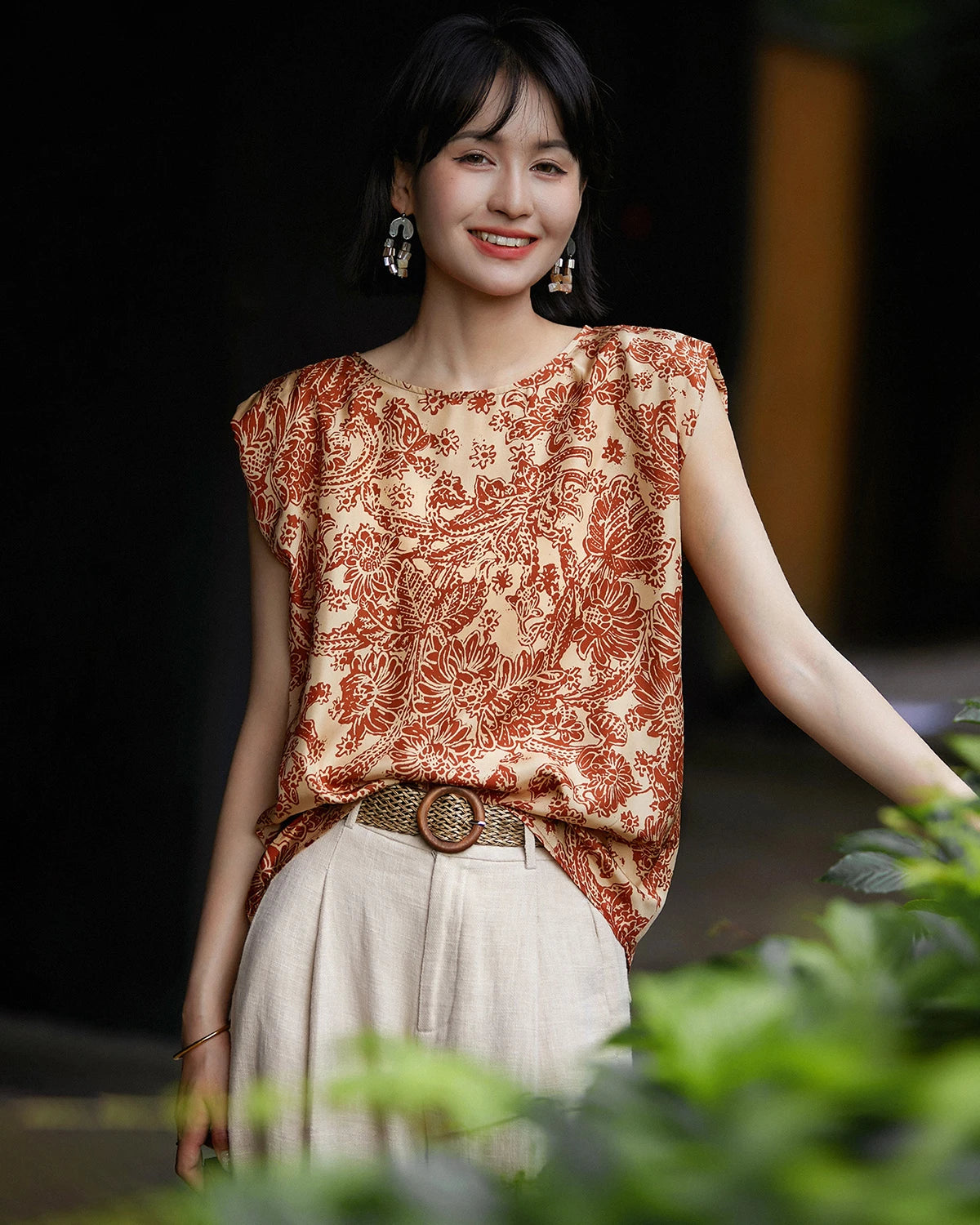 Terracotta Paisley Print Silk Tank Top, Orange and Cream