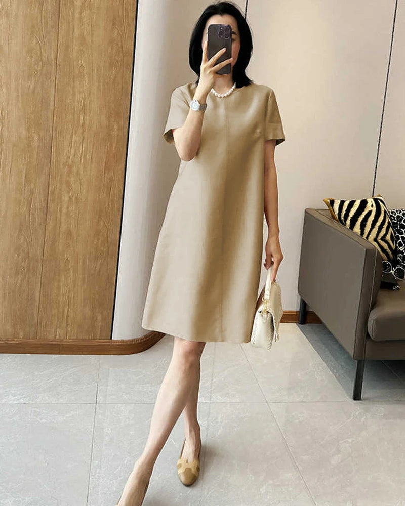 Silk and Wool Short Sleeve Midi Dress, Beige