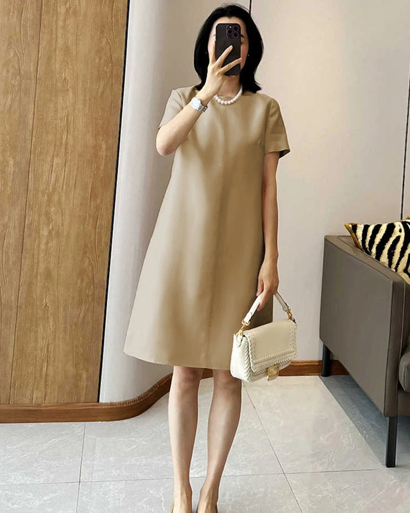 Silk and Wool Short Sleeve Midi Dress, Beige