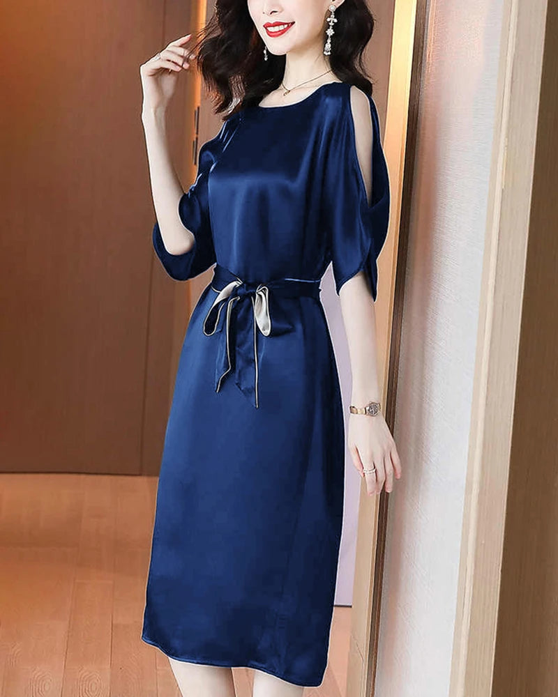 Belted Silk Midi Dress with Slit Shoulders, Navy