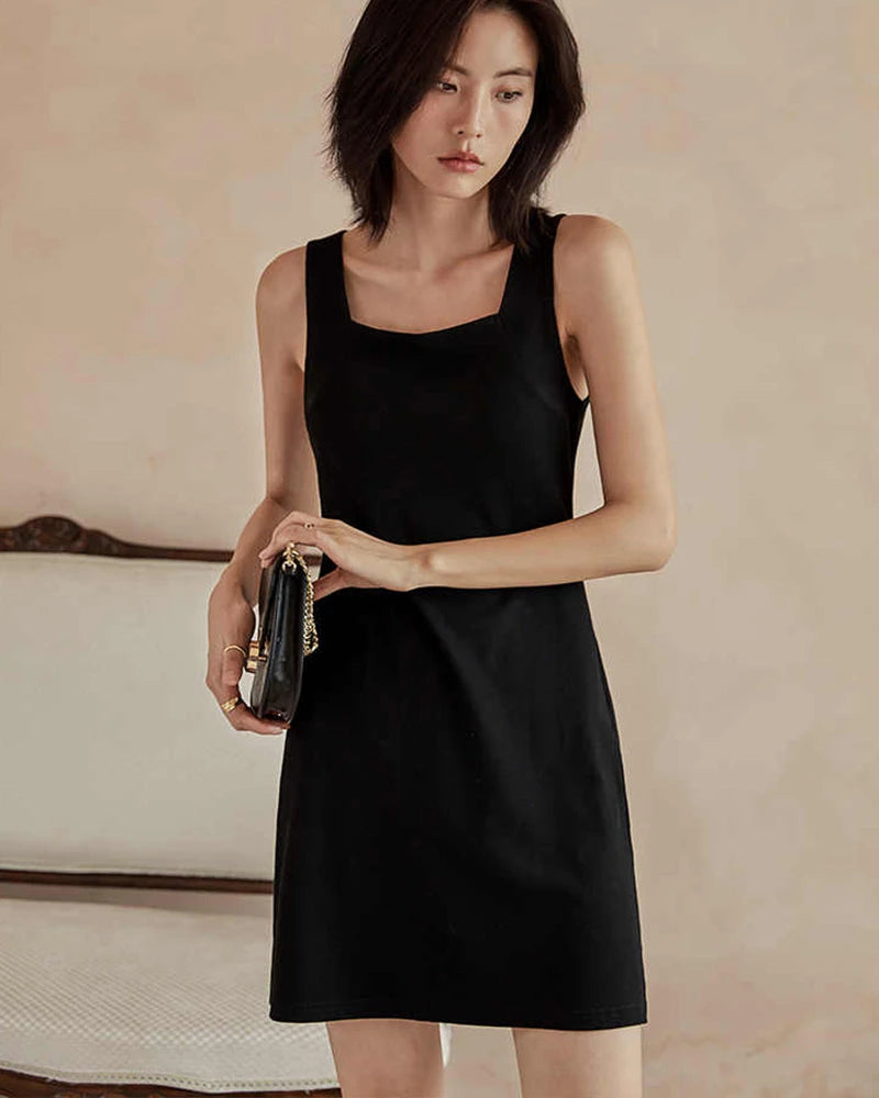 Sleeveless Silk Square Neck Mini Dress, Black