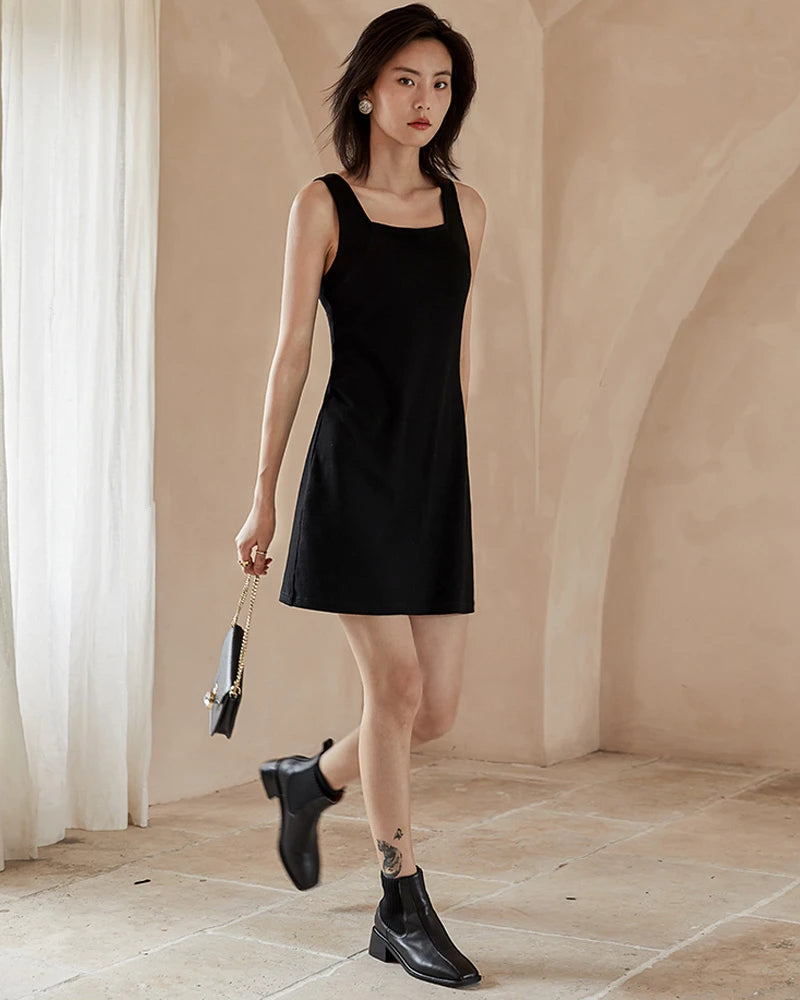 Sleeveless Silk Square Neck Mini Dress, Black