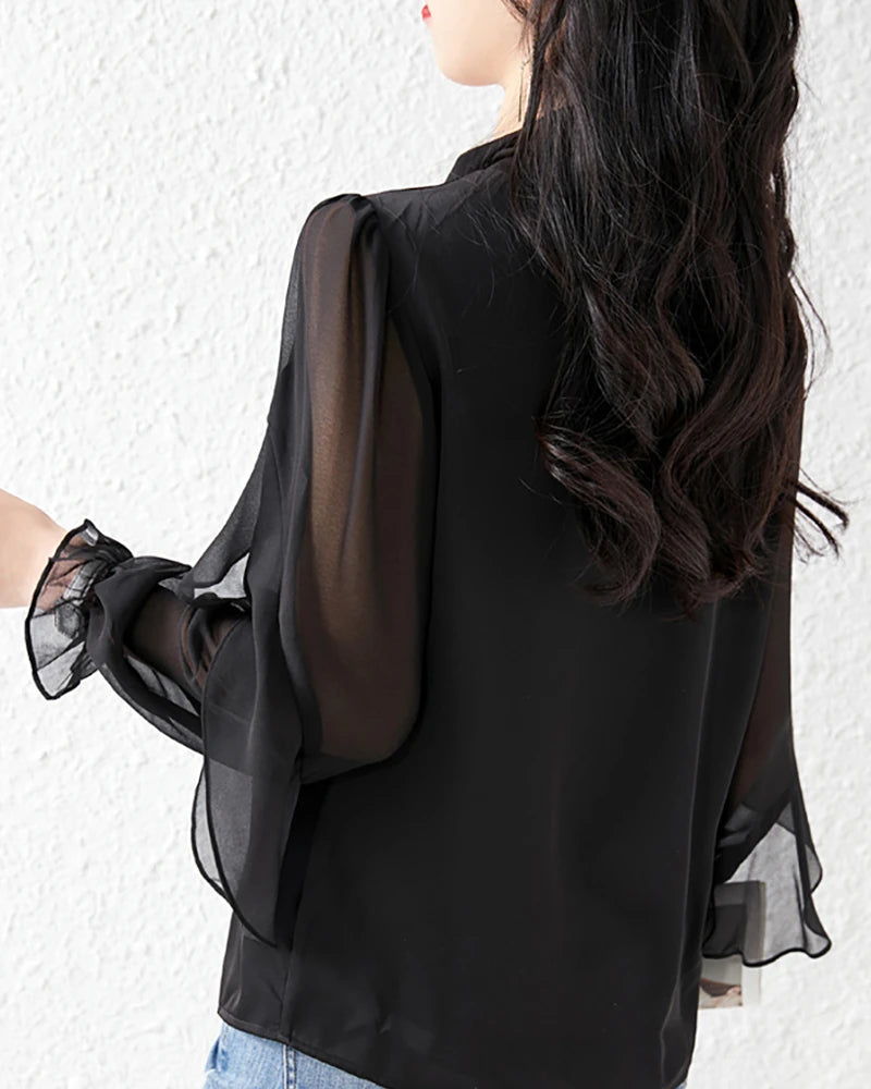Silk Chiffon Ruffle Sleeve Blouse, Black