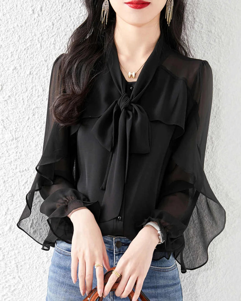 Silk Chiffon Ruffle Sleeve Blouse, Black