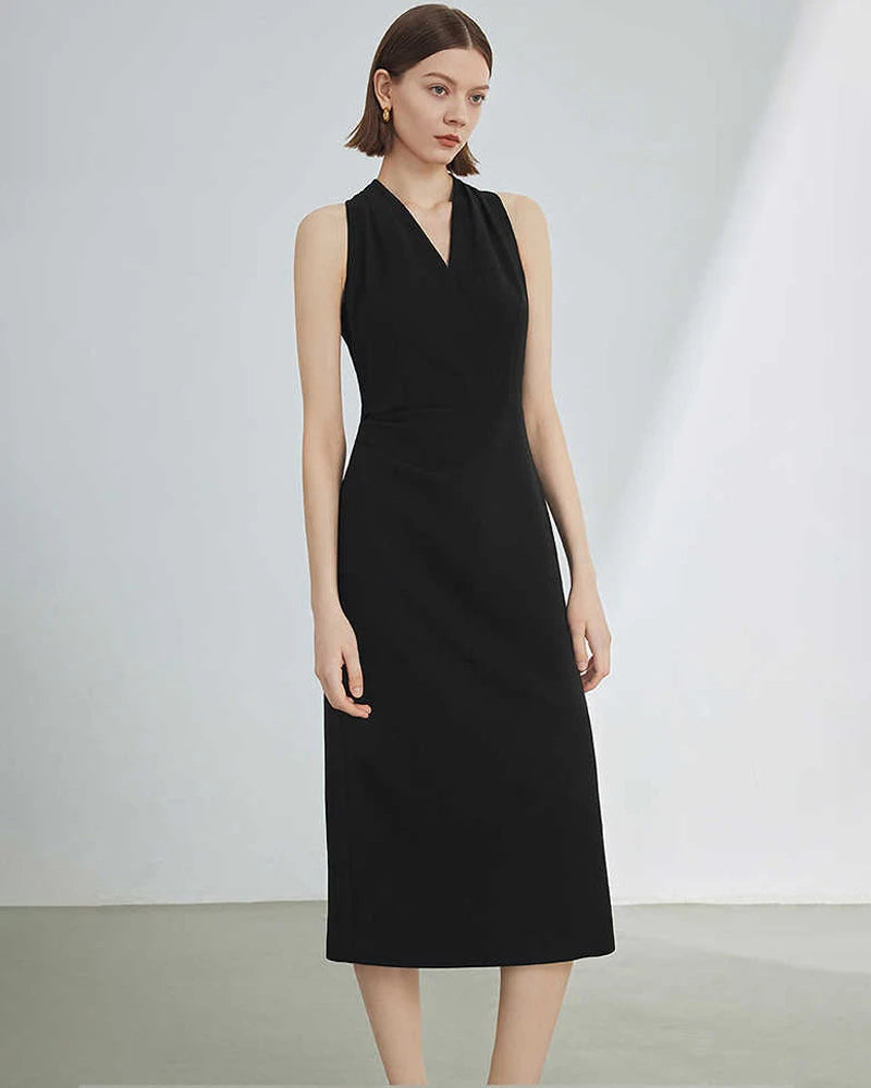 V Neck Silk Sleeveless Midi Dress, Black