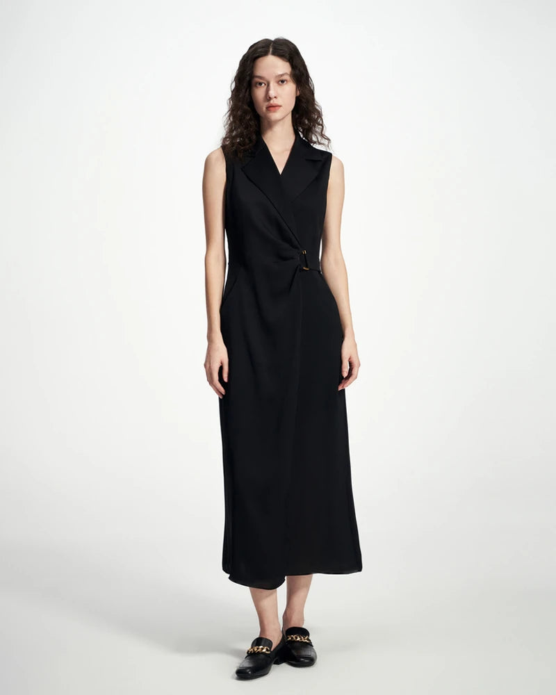 Black Silk Wrap Blazer Midi Dress, Black