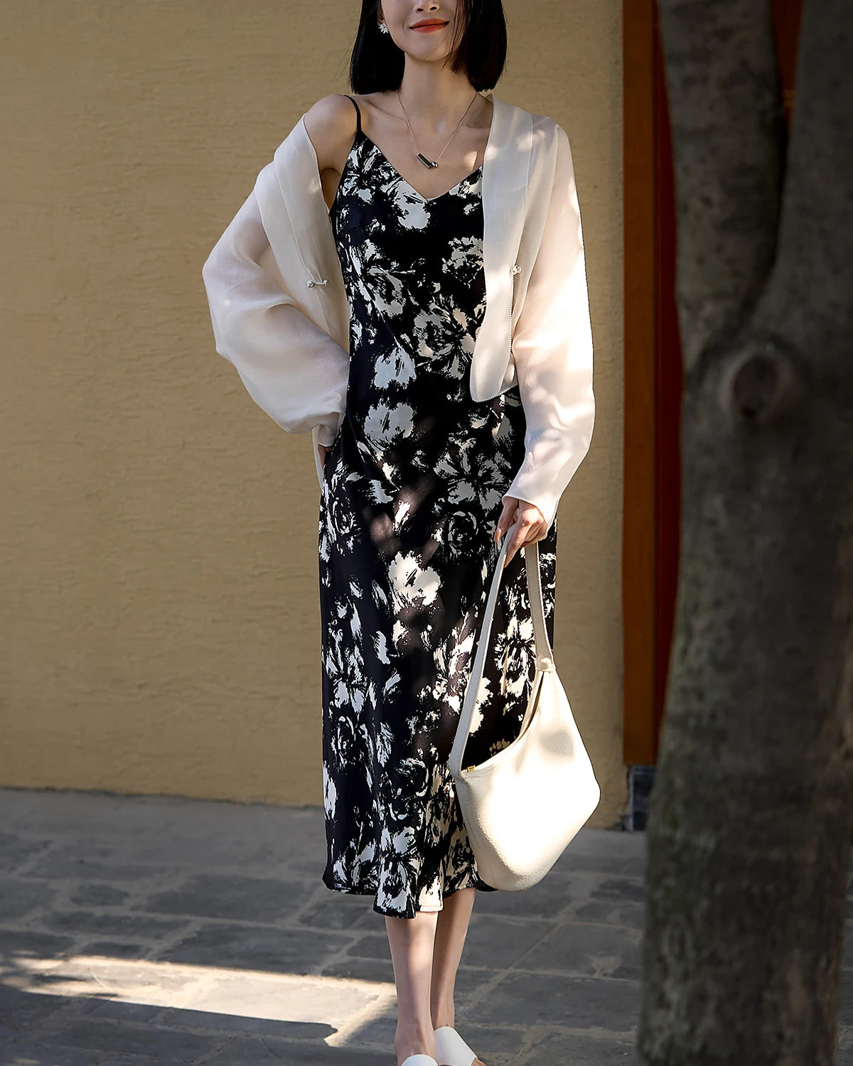 Silk Floral Print Dress,  Black and White