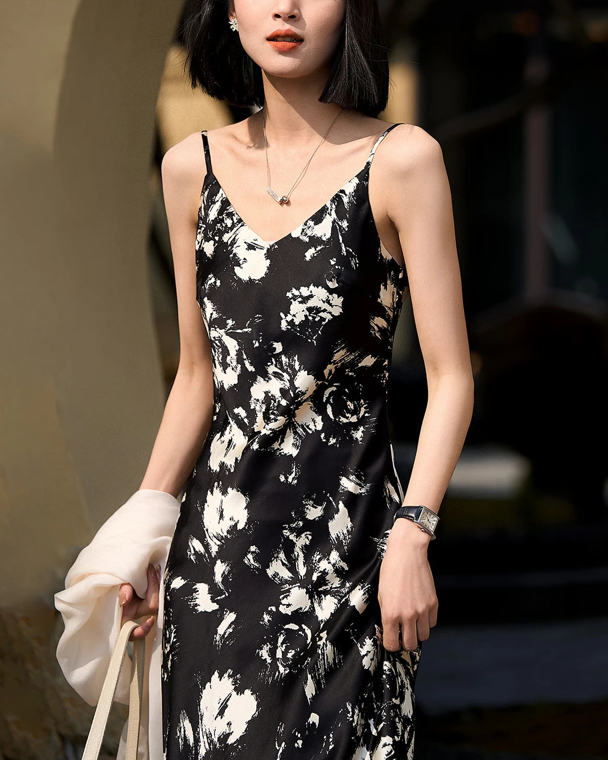 Silk Floral Print Dress,  Black and White