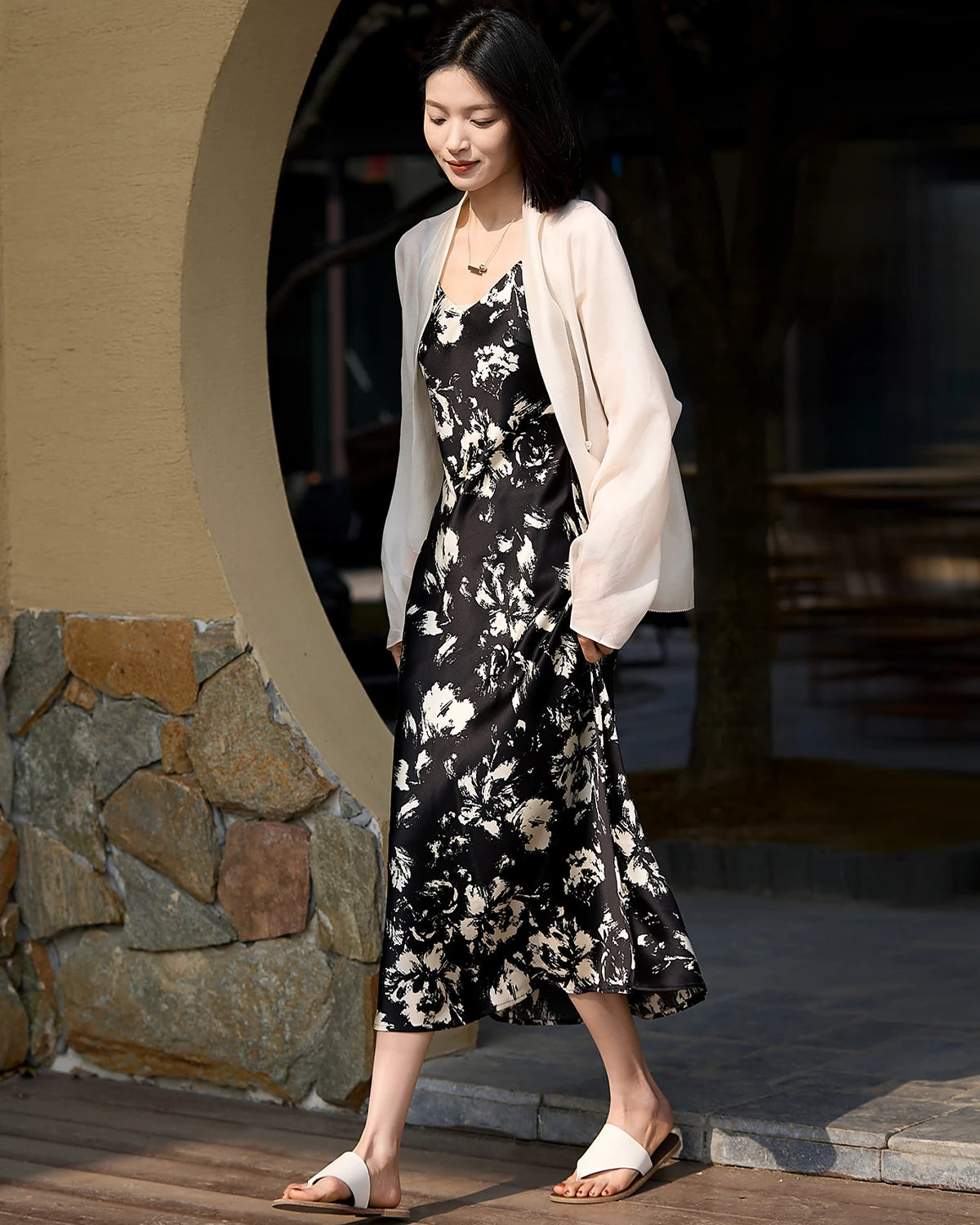 Silk Floral Print Dress,  Black and White