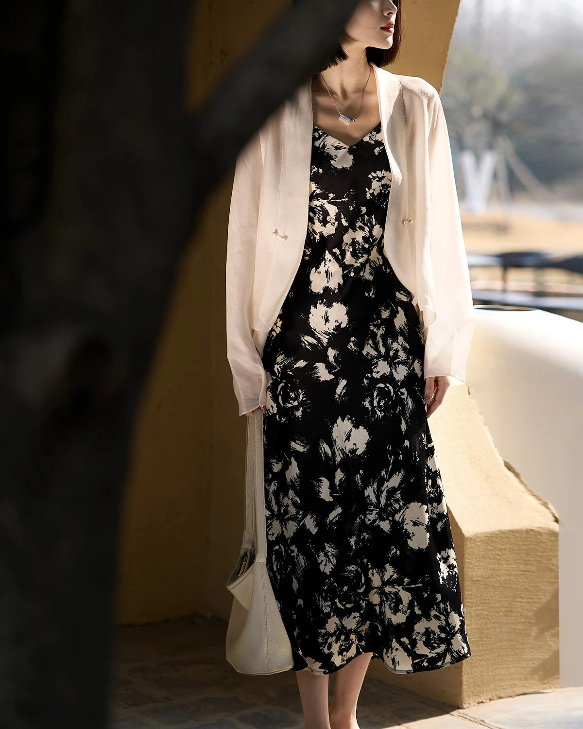 Silk Floral Print Dress,  Black and White