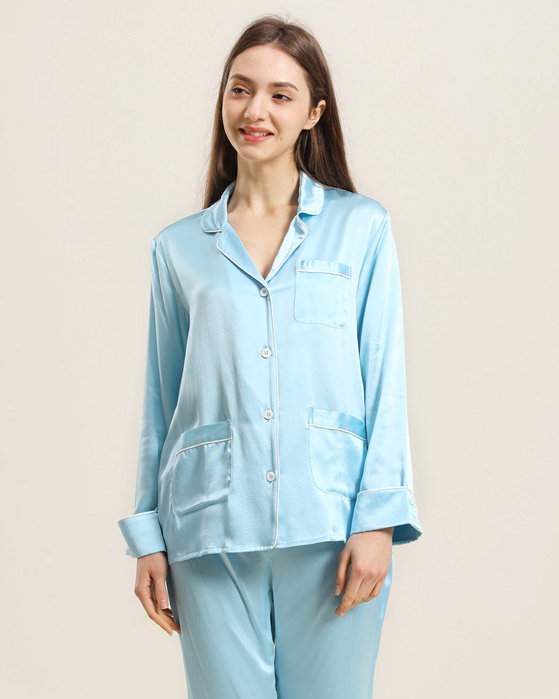 Classic Silk Pajamas For Women, Blue
