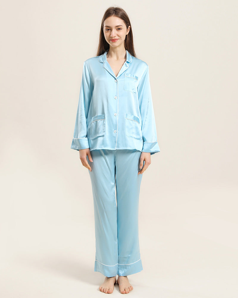 Classic Silk Pajamas For Women, Blue