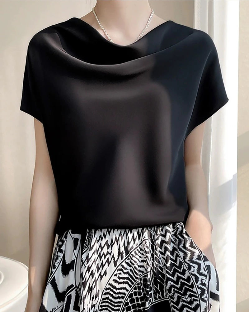 Cowl Neck Cap Sleeve Silk Blouse, Black
