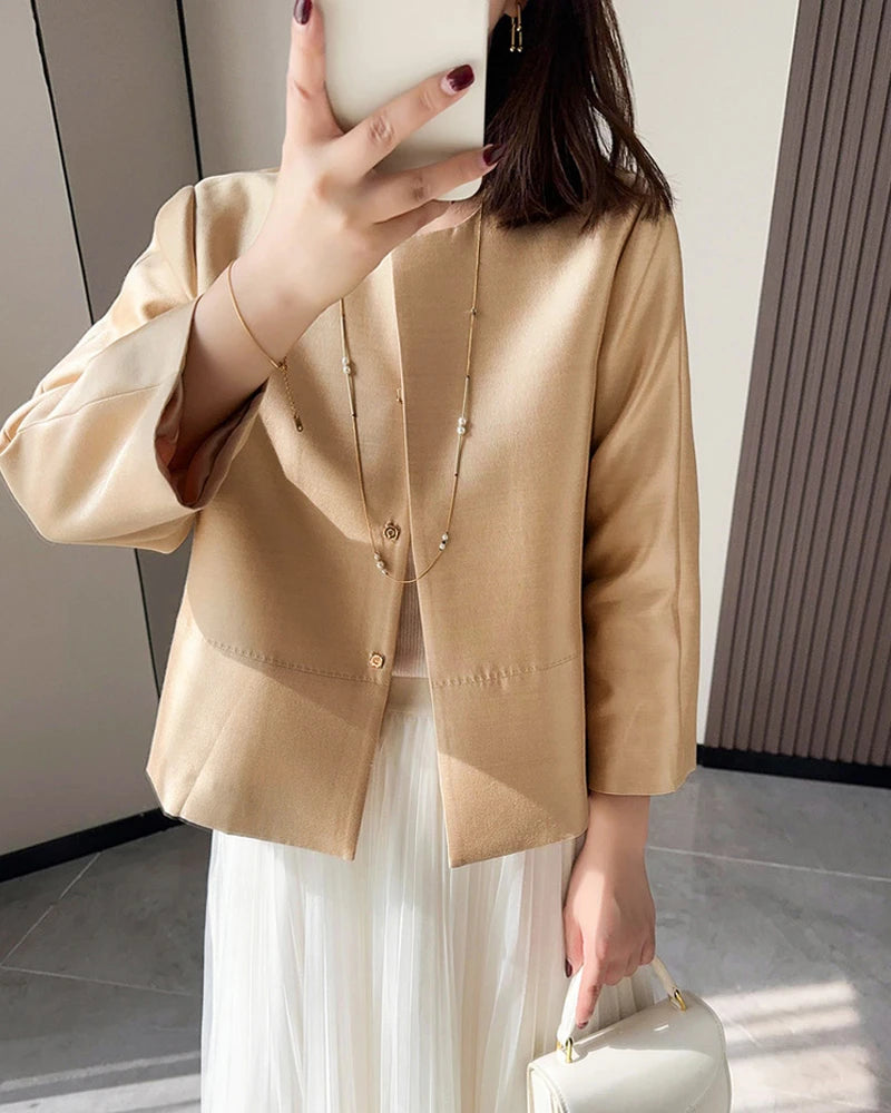 Cropped Silk and Wool Blazer, Beige