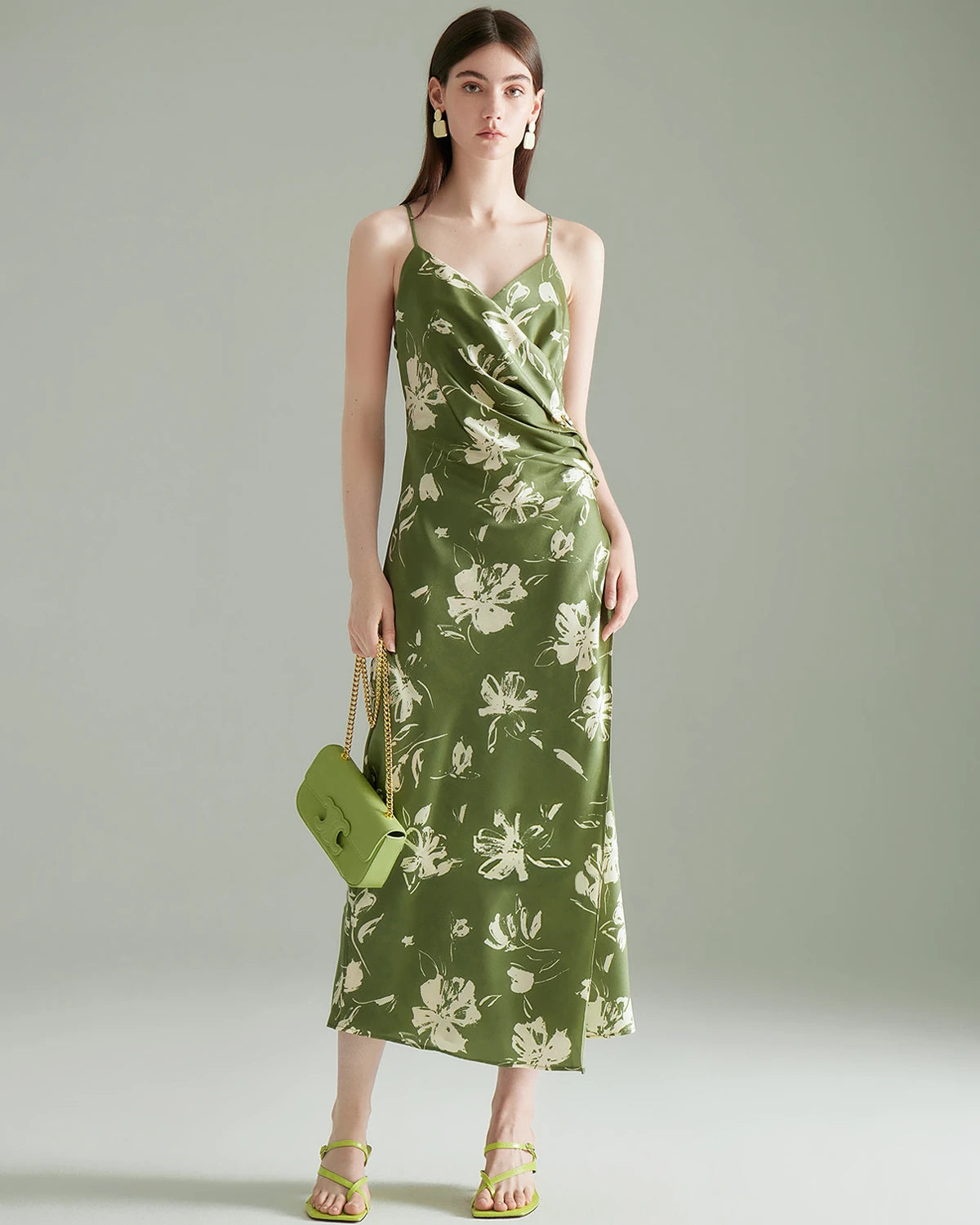 Green Floral Print Silk Dress