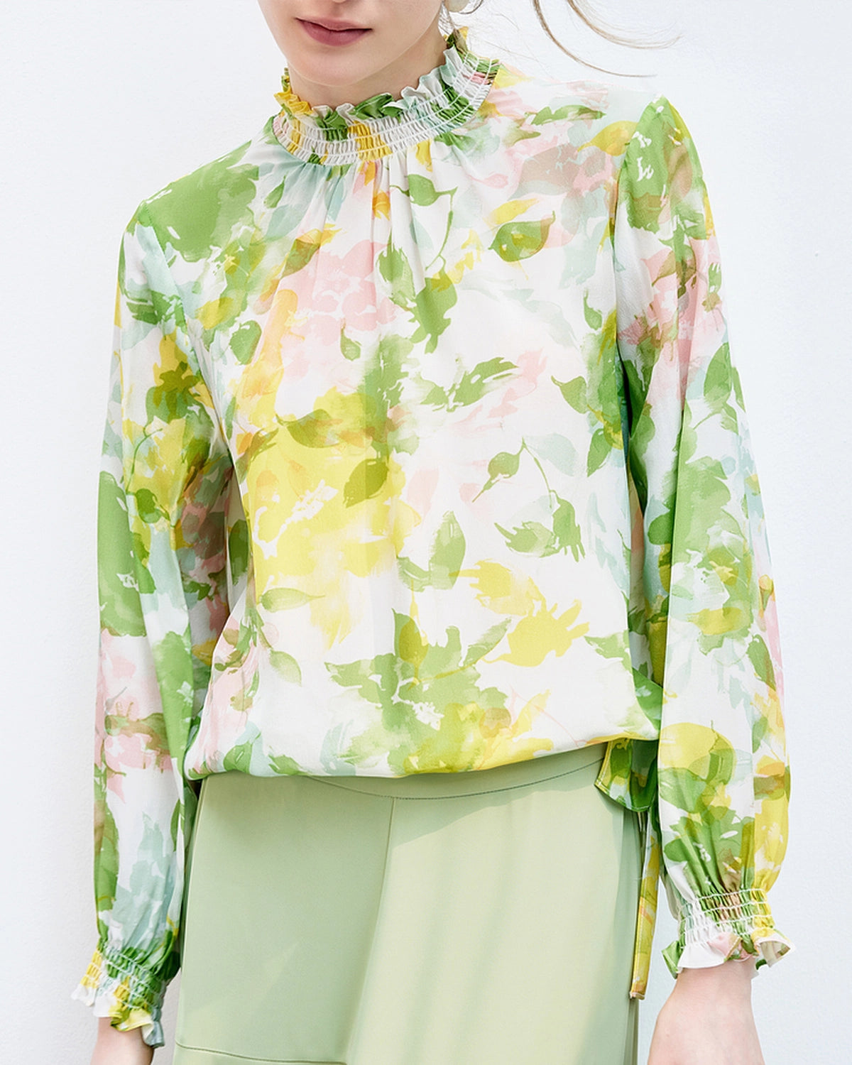 Floral Silk Blouse with Ruffles, Green