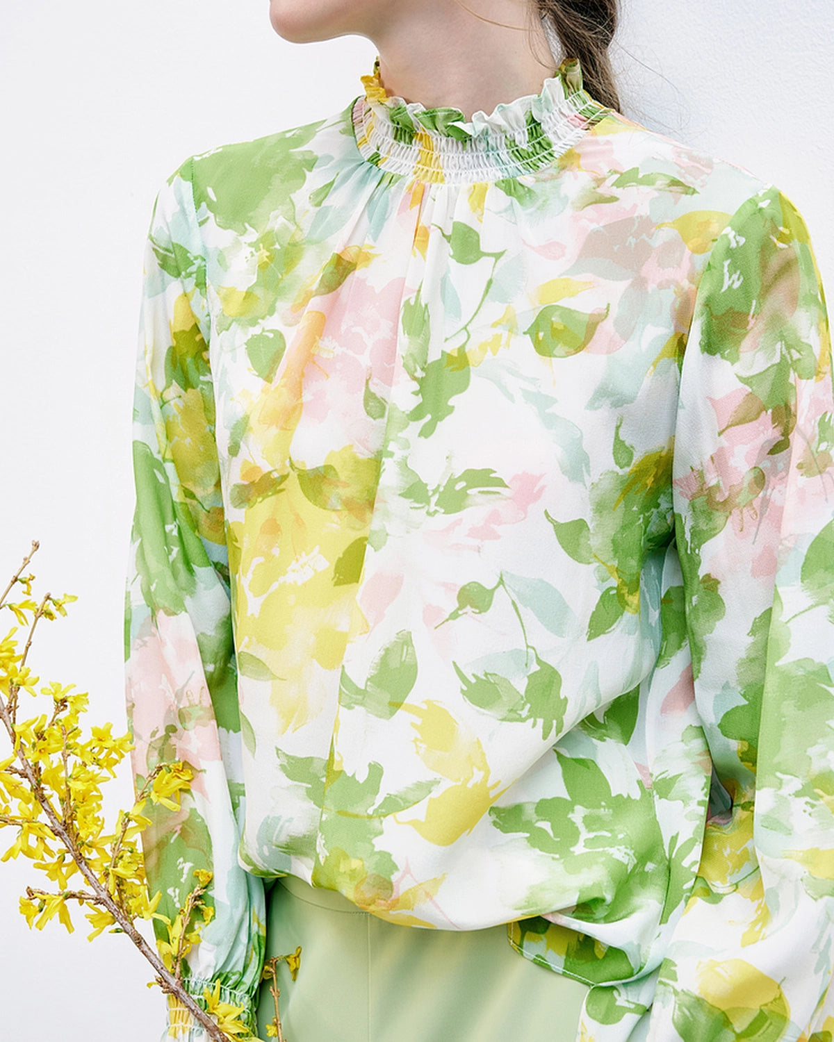 Floral Silk Blouse with Ruffles, Green