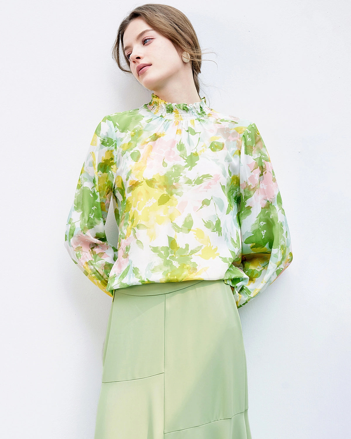 Floral Silk Blouse with Ruffles, Green