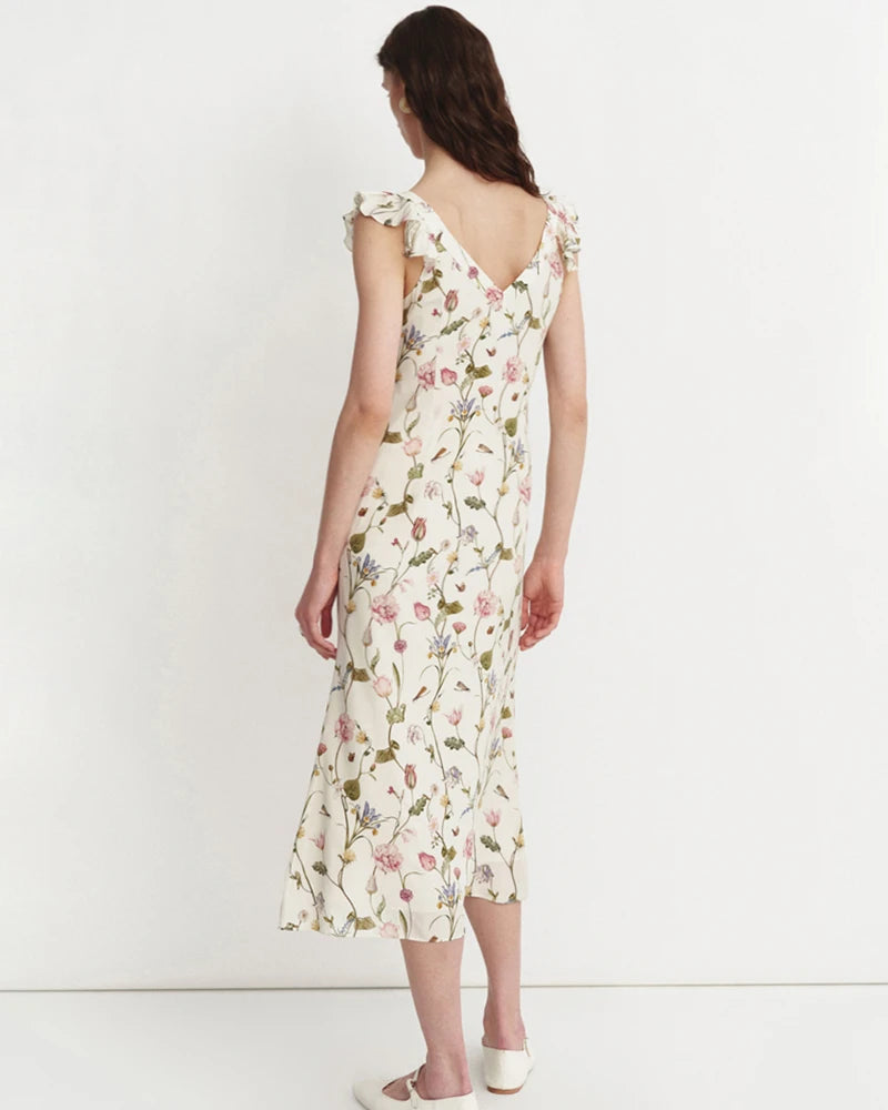 Floral Ruffle Shoulder Silk Dress, Floral Print