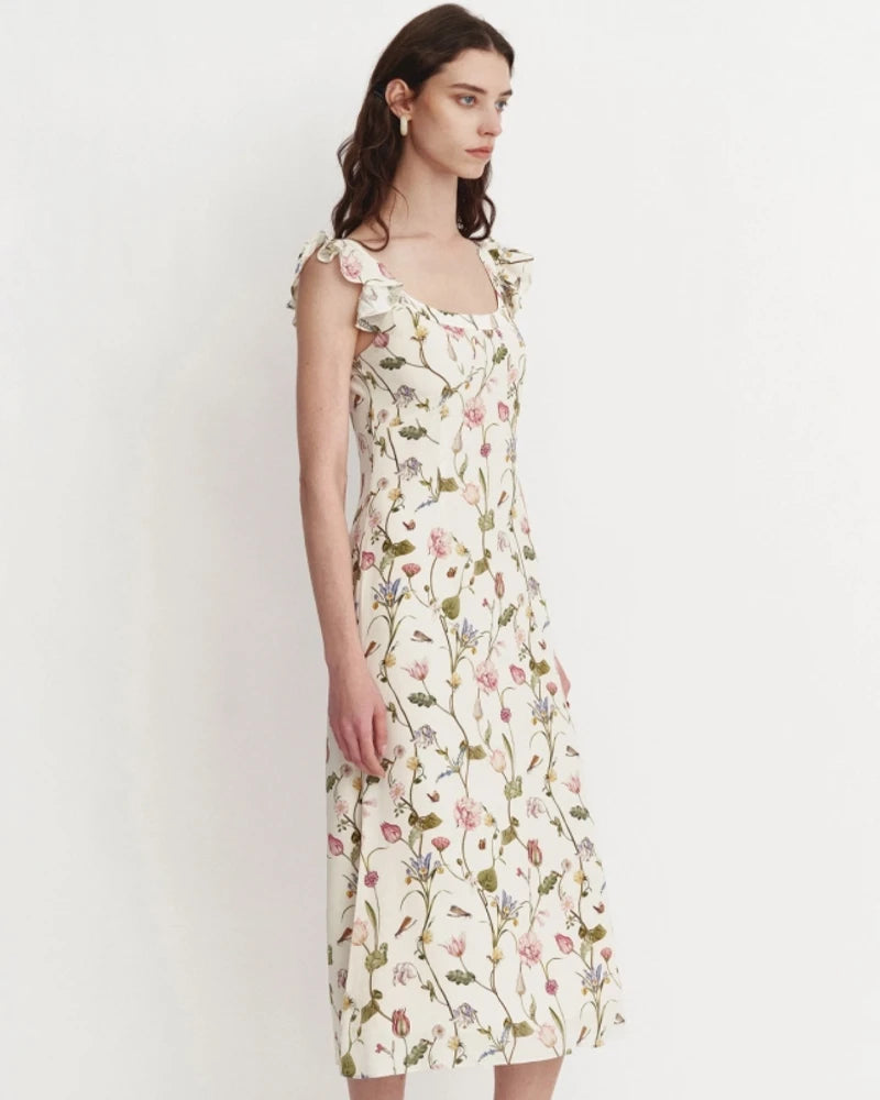 Floral Ruffle Shoulder Silk Dress, Floral Print