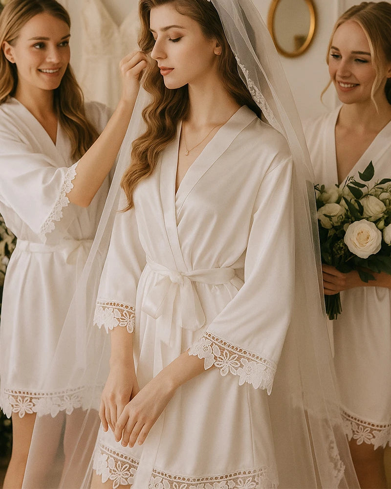 Washable Silk Lace Bridal Robe, White