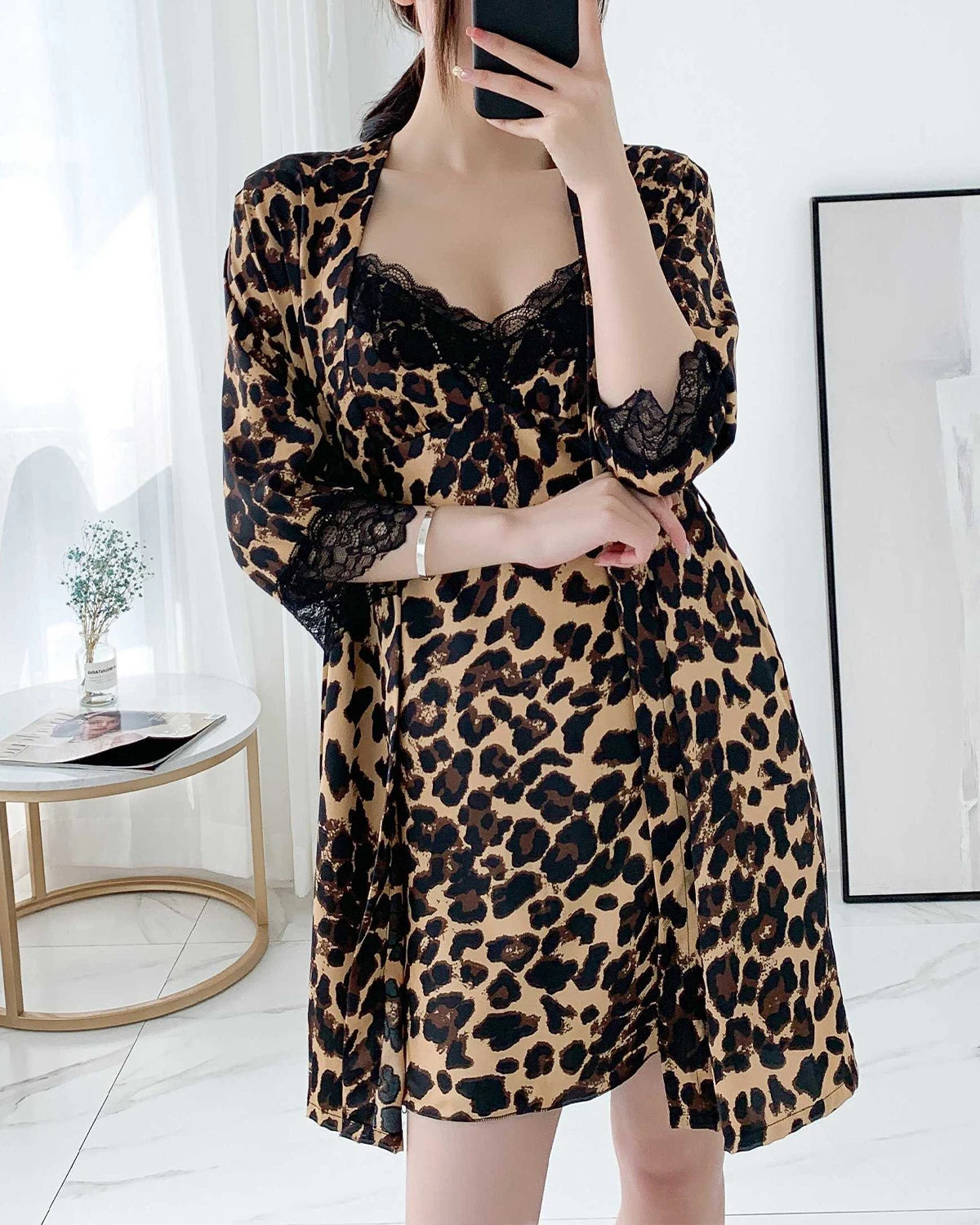 Leopard Silk Nightdress and Robe Set, Leopard Print
