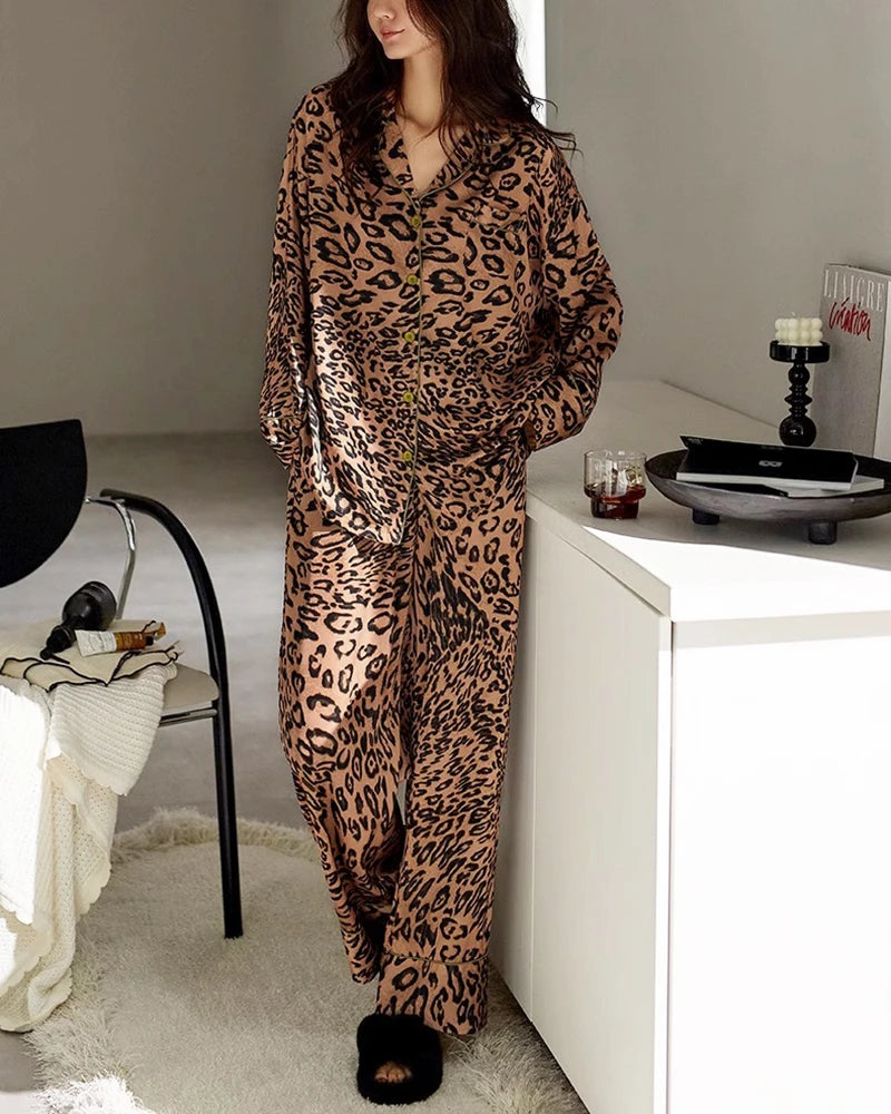 Leopard In Pyjamas DaisySilk Leopard Print Silk Pajama Set with Lapel Collar and Contrast ...