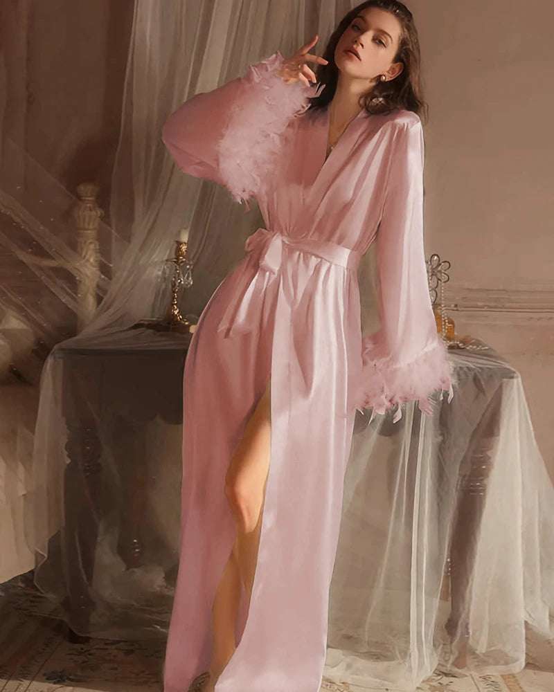 Washable Silk Bridal Robe with Feathers, Pink