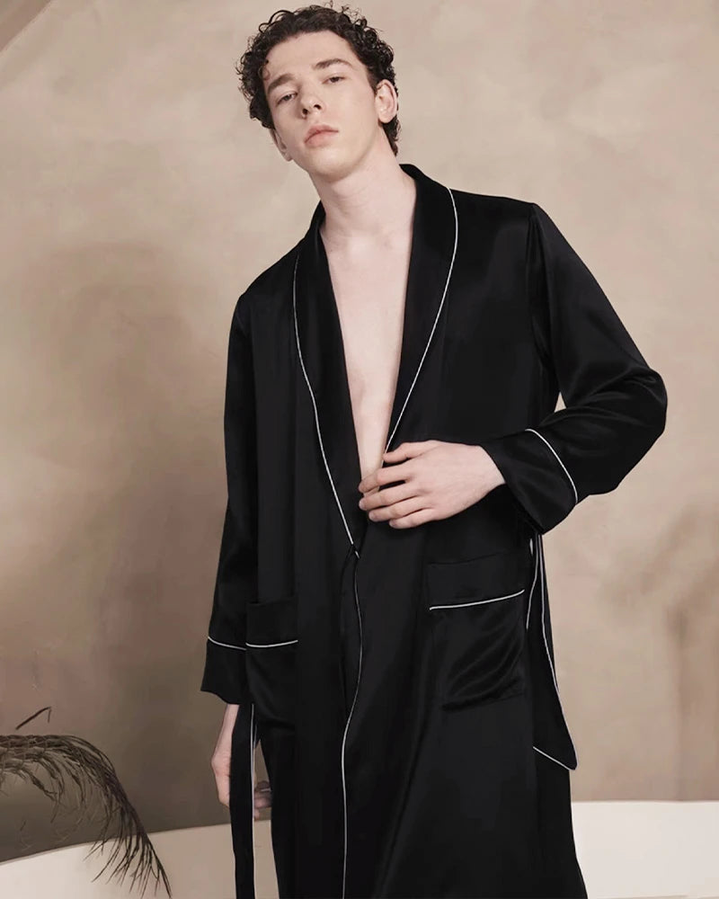 Men's Long Washable Silk Robe, Black