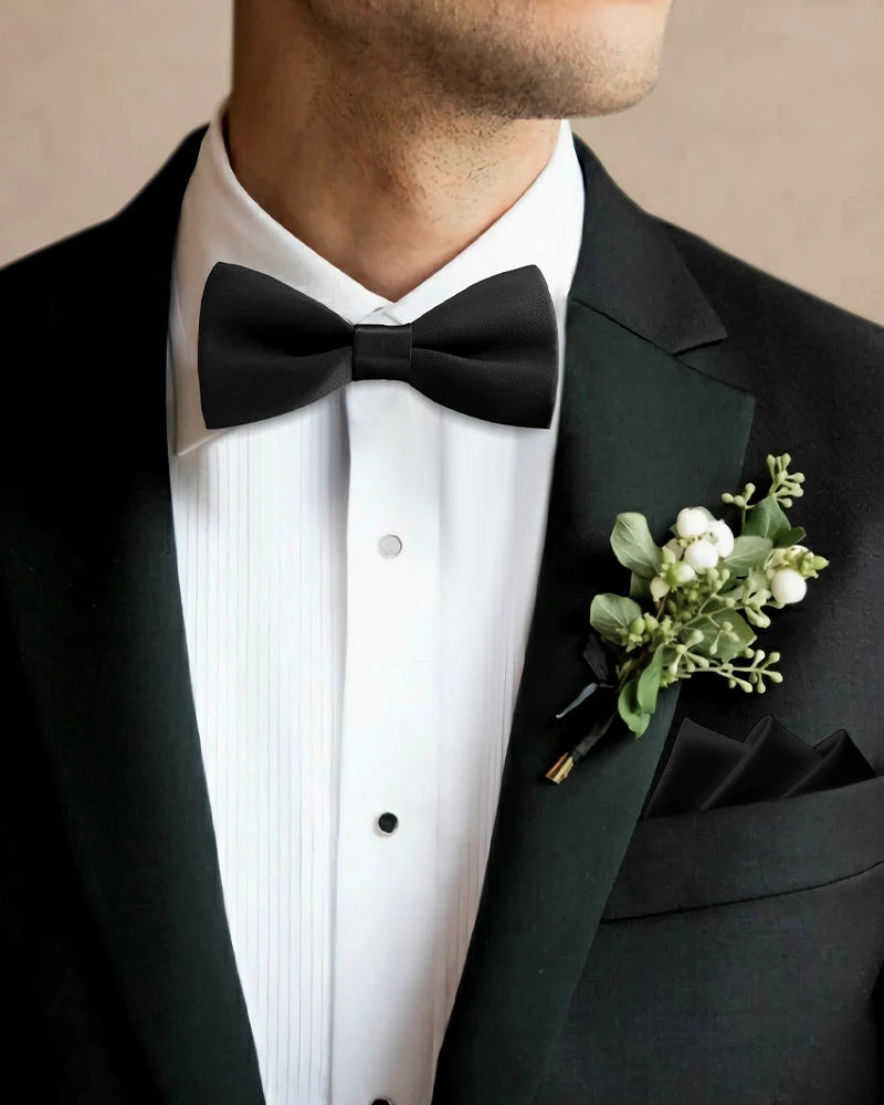 Washable Silk Bow Tie and Pocket Square Set, Black