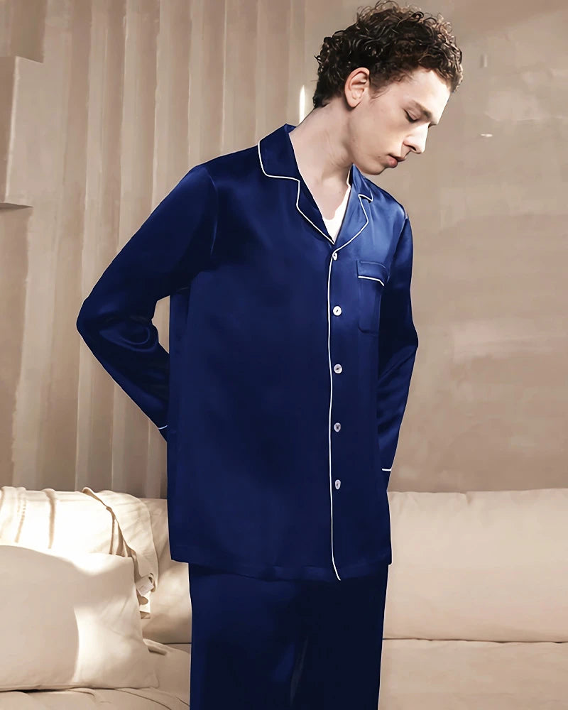 Men's Washable Silk Pajama Set, Navy