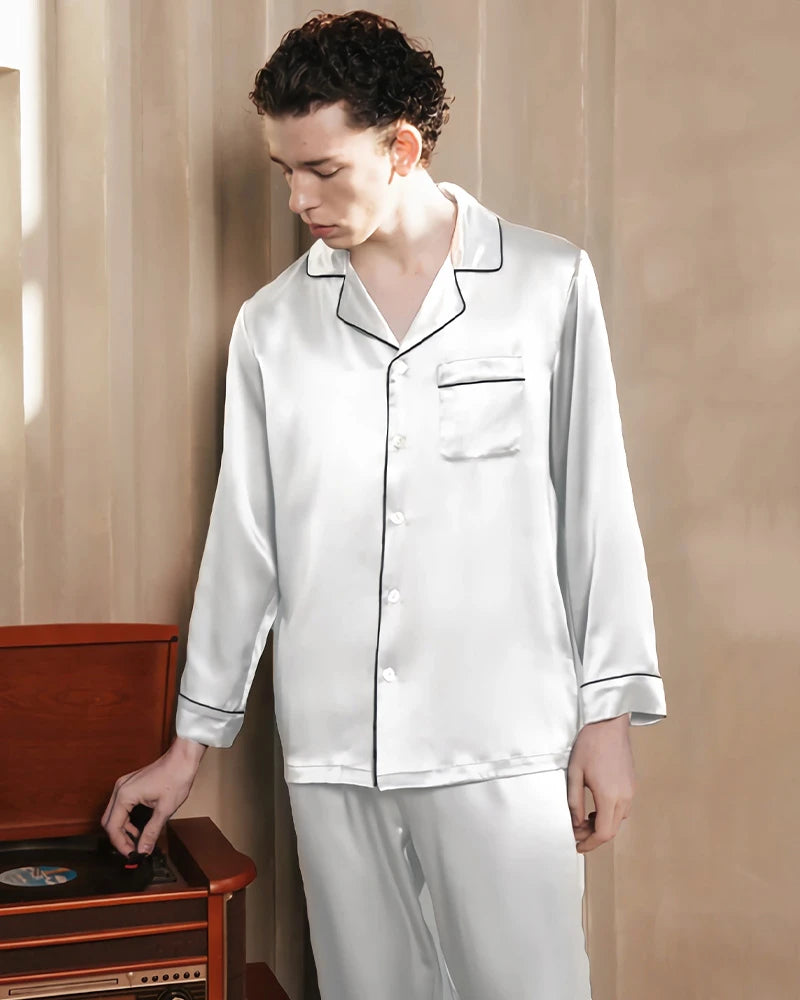Men's Washable Silk Pajama Set, White