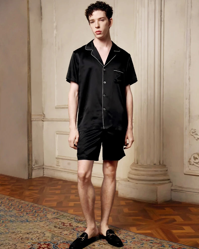 Men's Washable Silk Pajamas Short Set, Black