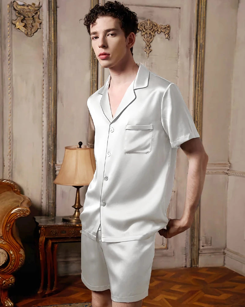 Men's Washable Silk Pajamas Short Set, White