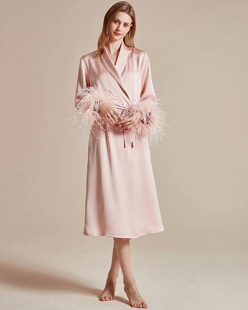 Washable Silk Robe with Feather Sleeve, Pink