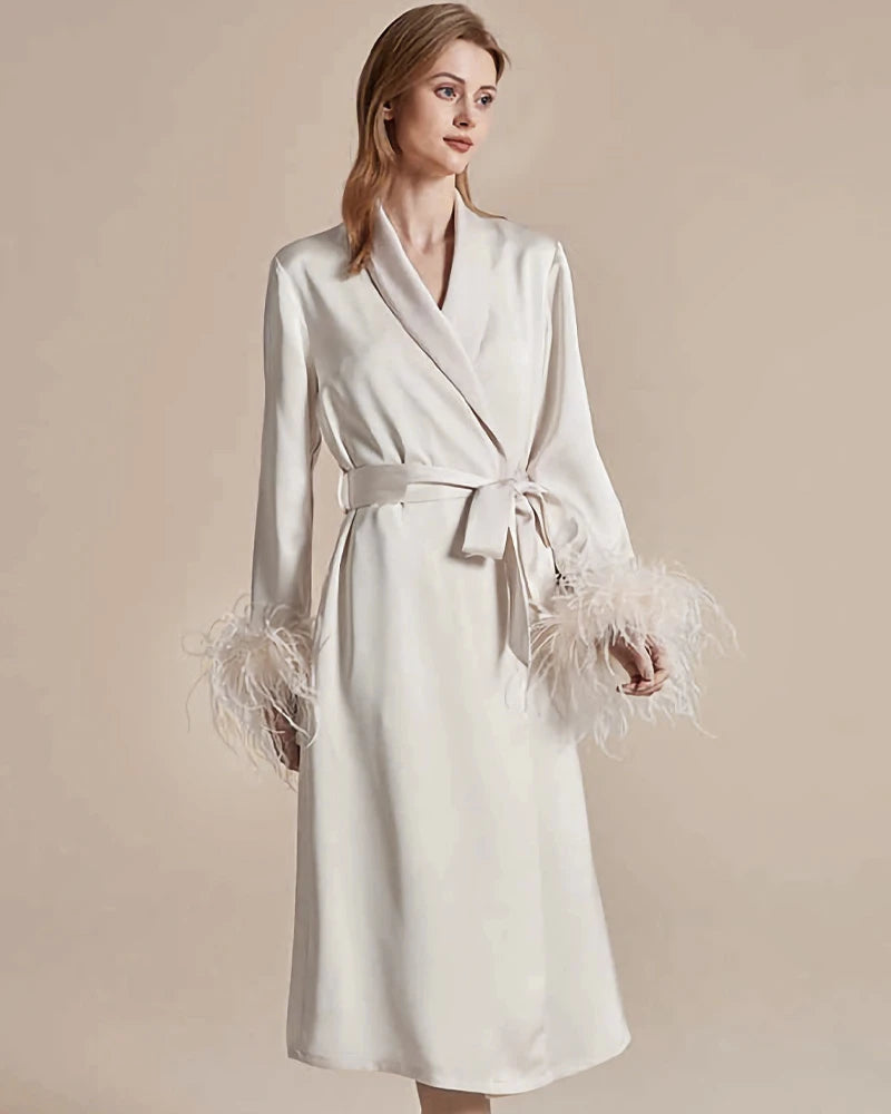 Washable Silk Robe with Feather Sleeve, White