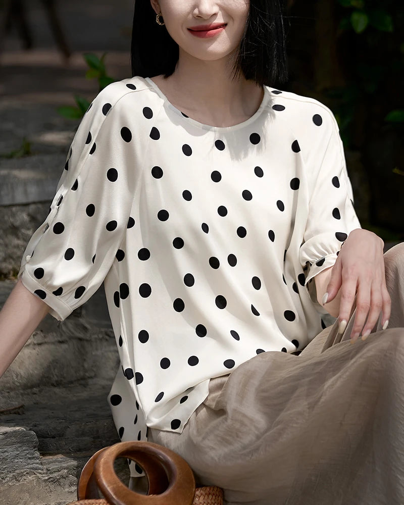 Round Neck Polka Dot Silk Blouse, White and Black